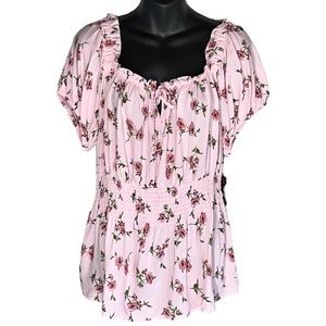 Puff Sleeve All pink Floral Peasant Top (Juniors) 🏷️ NWT 🏷️